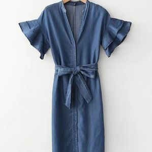 New Tiered Flounce Sleeve Belted Denim Dress